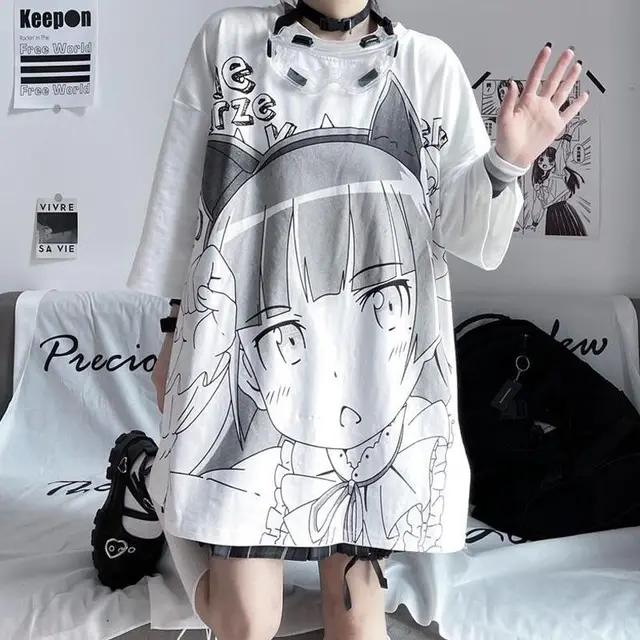 Japanese Anime Print Loose White Short Sleeve Top White - Shop at LoveMi