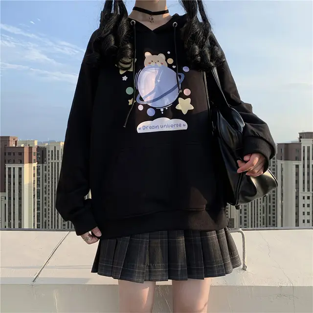 Hoodie Trendy Girls Junior High School Loose Thin Top Black - Shop at LoveMi