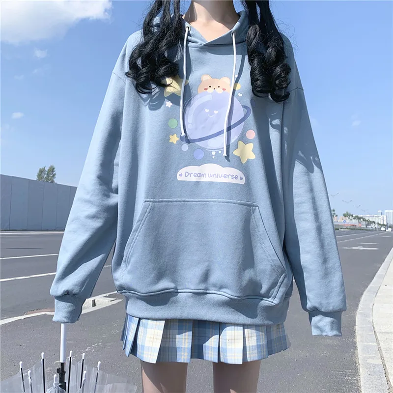 Hoodie Trendy Girls Junior High School Loose Thin Top Blue - Shop at LoveMi