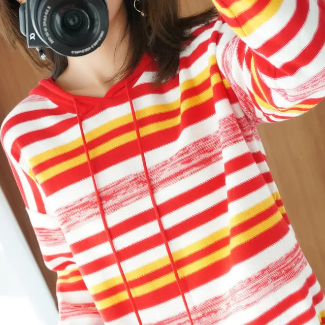 Hooded Sweater Women Loose New Striped Long Sleeve Top Red - Shop at LoveMi