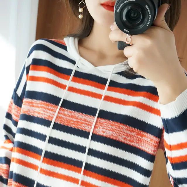 Hooded Sweater Women Loose New Striped Long Sleeve Top White - Shop at LoveMi