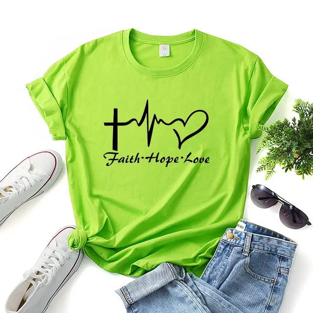 Faith Hope Love Letter Short sleeved Cotton Bottoming Shirt Green - Shop at LoveMi