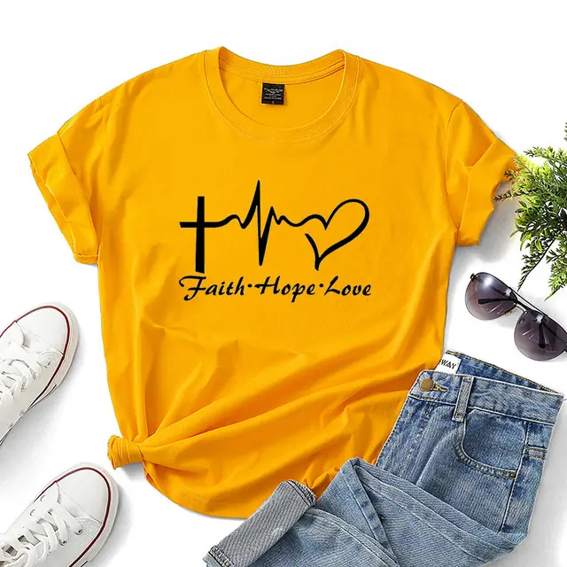 Faith Hope Love Letter Short sleeved Cotton Bottoming Shirt Yellow - Shop at LoveMi