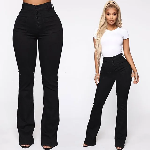 Plus Size Jeans Women Patch Pocket Washed Ladies High Waist Denim Trousers Black - Shop at LoveMi