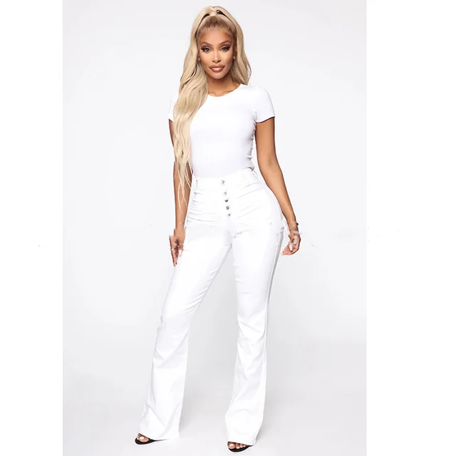 Plus Size Jeans Women Patch Pocket Washed Ladies High Waist Denim Trousers White - Shop at LoveMi