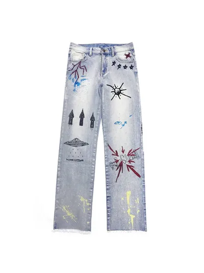 Graffiti embroidered Frayed Wash Jeans Sky Blue - Shop at LoveMi