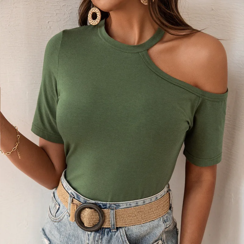 European And American Off the shoulder Leopard Print T shirt Short sleeved Round Neck Sweater Army Green - Shop at LoveMi