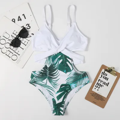 One piece Leaf shaped Flowers Color Matching Women's Swimsuit Lace up Sexy Triangle Bikini Green - Shop at LoveMi