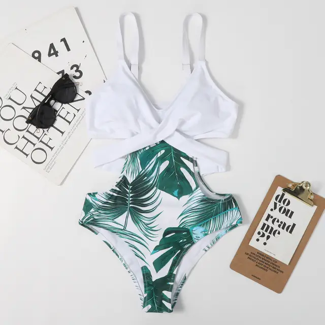 One piece Leaf shaped Flowers Color Matching Women's Swimsuit Lace up Sexy Triangle Bikini White Green Flower - Shop at LoveMi