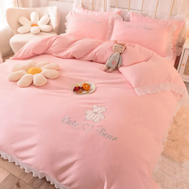 Cotton Four piece Lace Skin friendly Breathable Bed Sheet Pink - Shop at LoveMi