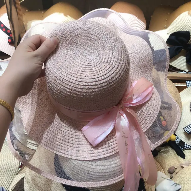 Women's Korean Version Letter Bow Streamer Romantic Mesh Sun Hat Pink - Shop at LoveMi