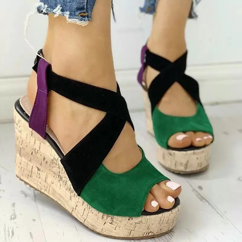 Women's Summer Wedge Heel Platform Cross Strap Sandals Green - Shop at LoveMi