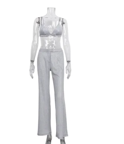 Camisole Slim Straight High Waist Pants Street Glitter Jacket Night Club Suit Vest And Pants Set L - Shop at LoveMi