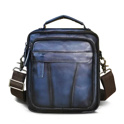 Crazy Horse Leather Retro Men's 8 inch One shoulder Diagonal Bag Blue - Shop at LoveMi