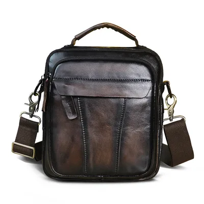 Crazy Horse Leather Retro Men's 8 inch One shoulder Diagonal Bag Coffee - Shop at LoveMi