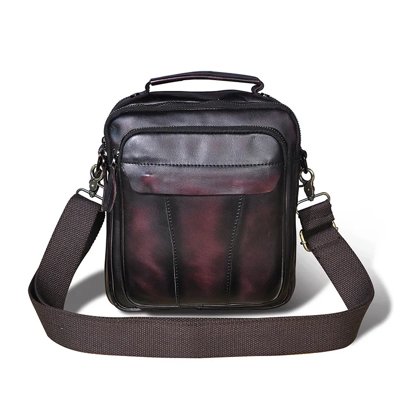 Crazy Horse Leather Retro Men's 8 inch One shoulder Diagonal Bag Wine - Shop at LoveMi