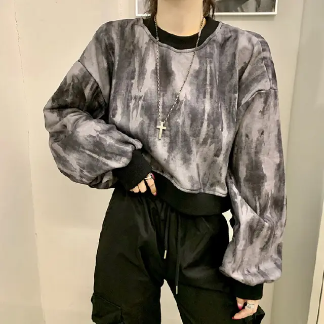 Women's Autumn Short Sweater Harajuku Style Tie Dye Long Sleeve Loose Black - Shop at LoveMi