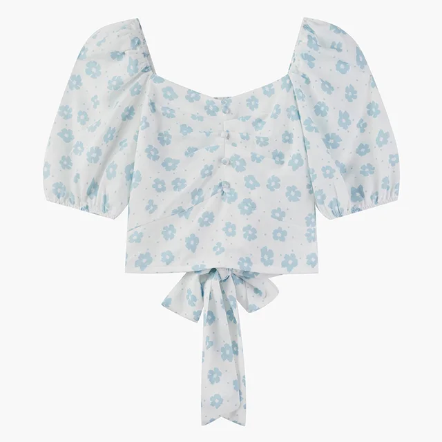 Korean Version Of The Small French Style Slim And Gentle Top With A Sense Of Design Blue - Shop at LoveMi