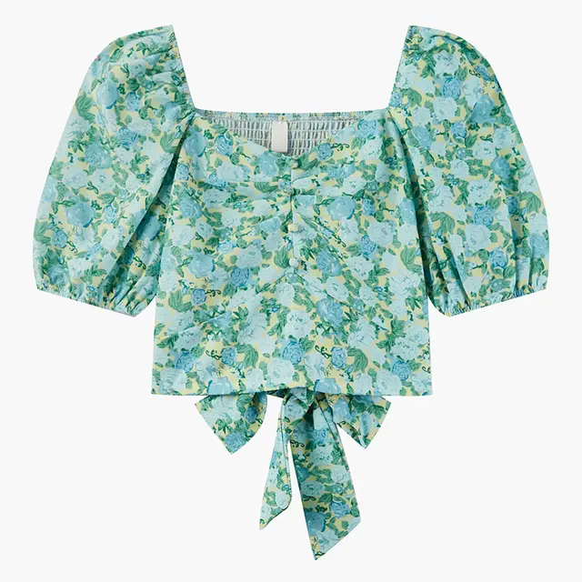 Korean Version Of The Small French Style Slim And Gentle Top With A Sense Of Design Green Floral - Shop at LoveMi