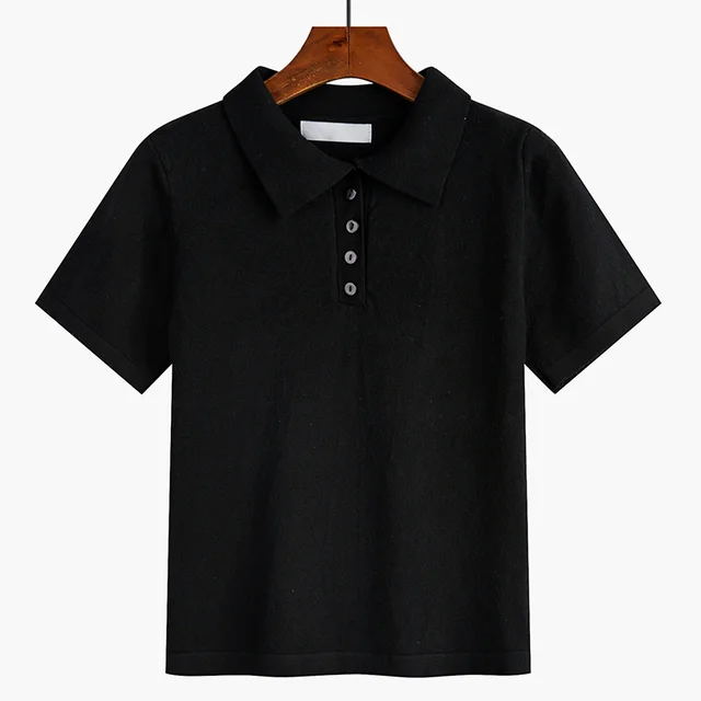 Women's Short Loose Polo Collar Knitted Sweater Spring Autumn Black - Shop at LoveMi