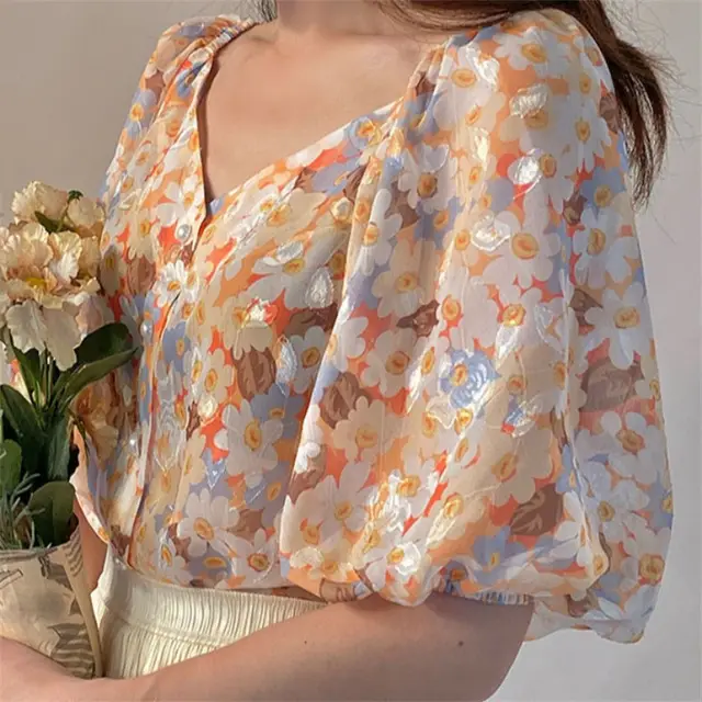 Women's Summer French Vintage Chiffon Shirt V Neck Print Top Orange - Shop at LoveMi