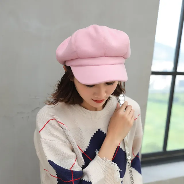 Woolen Octagonal Hat Young Woman Painter Peaked Beret Pink - Shop at LoveMi