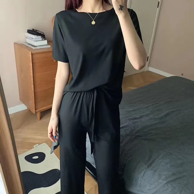 Ice Silk Nightgown Female Spring And Summer Short Sleeve Soft Black - Shop at LoveMi