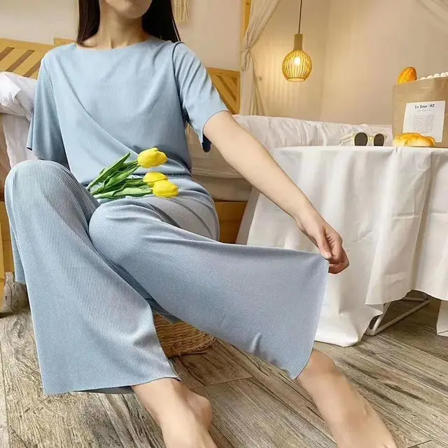 Ice Silk Nightgown Female Spring And Summer Short Sleeve Soft Blue - Shop at LoveMi