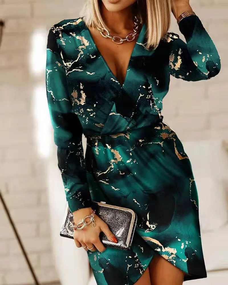 V-Neck Long Sleeve High Slit Print T-Shirt Dress - Green