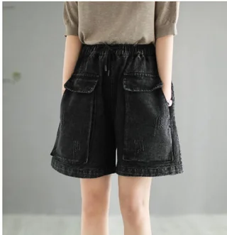 High Waist Plus Size Denim Shorts Women's Literary And Artistic Distressed Wide Leg Jeans - Black