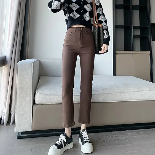 Women's Stretch Slim High Waist Straight Jeans Coffee - Shop at LoveMi