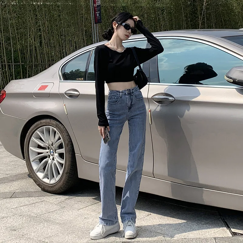 High Waist Stretch Slim Straight Jeans - Light Blue Regular