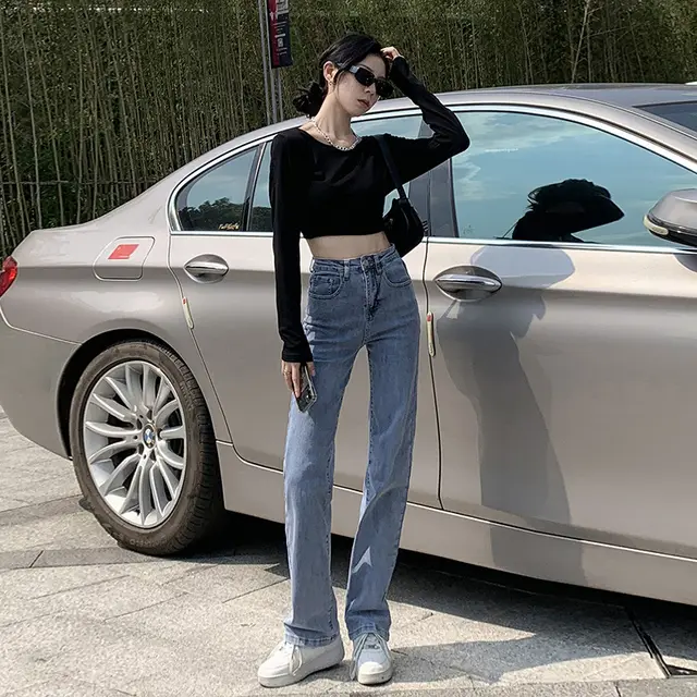 High Waist Stretch Slim Straight Jeans Light Blue Regular - Shop at LoveMi