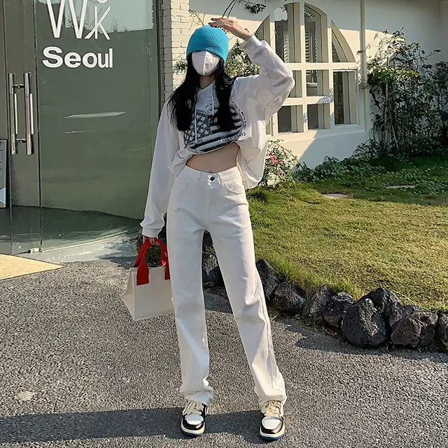 High Waist Stretch Slim Straight Jeans White Extended - Shop at LoveMi