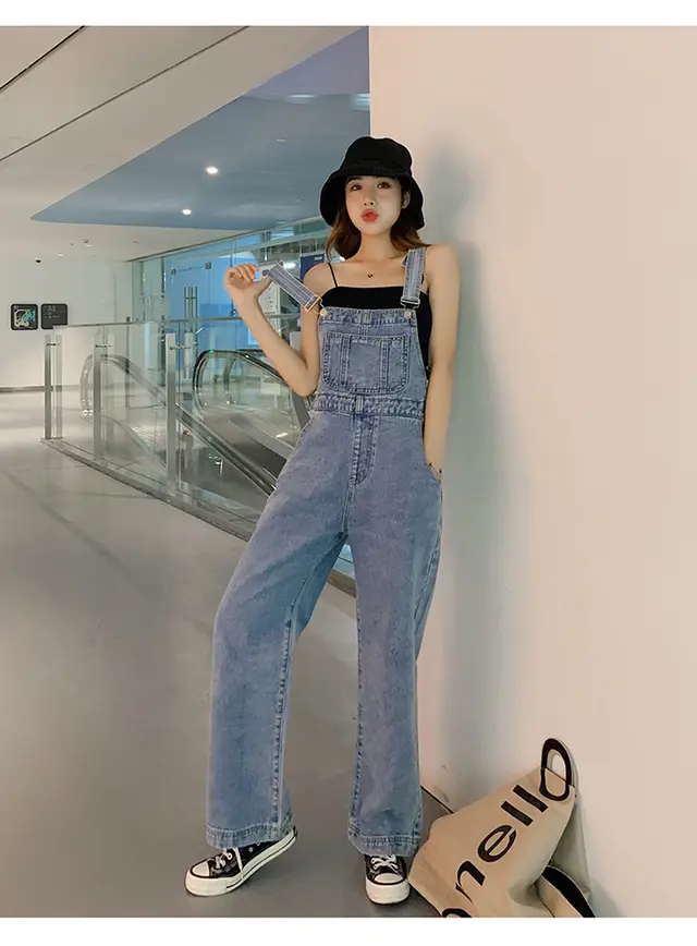 Korean Jeans With Wide Leg Suspenders For Women In Spring Blue - Shop at LoveMi