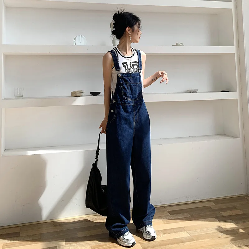 Korean Jeans With Wide Leg Suspenders For Women In Spring Dark Blue - Shop at LoveMi