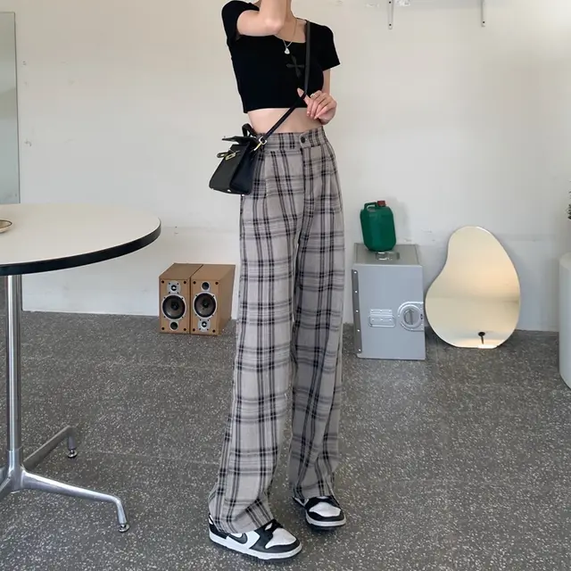 Plaid Pants Women Wide Legs High Waist Down Feeling Small Grey - Shop at LoveMi