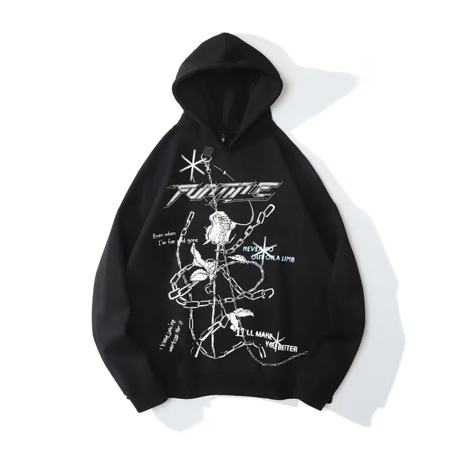 Printed Pullover Hoodie Loose Slouchy Breezy Heavy Top Black - Shop at LoveMi