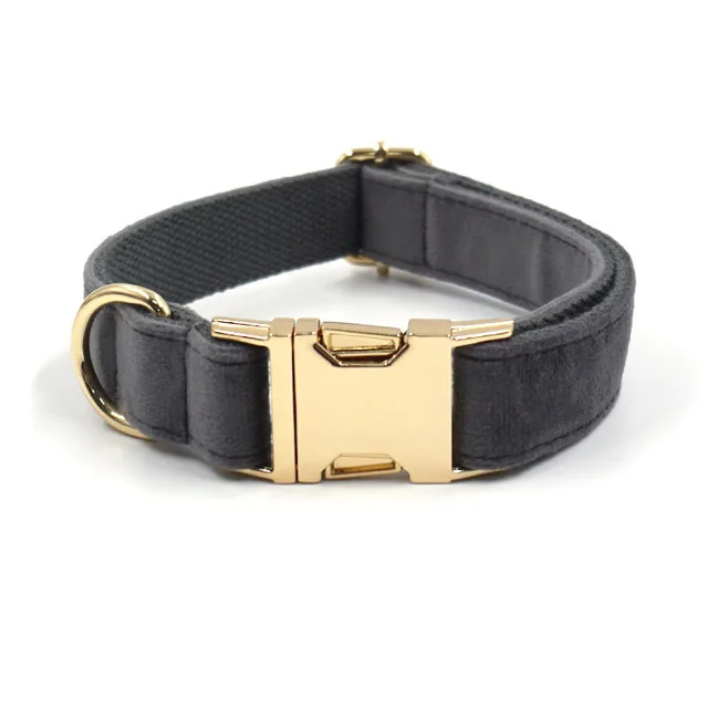Dark Grey Velvet Pet Collar Leash Gold Buckle Collar - Shop at LoveMi