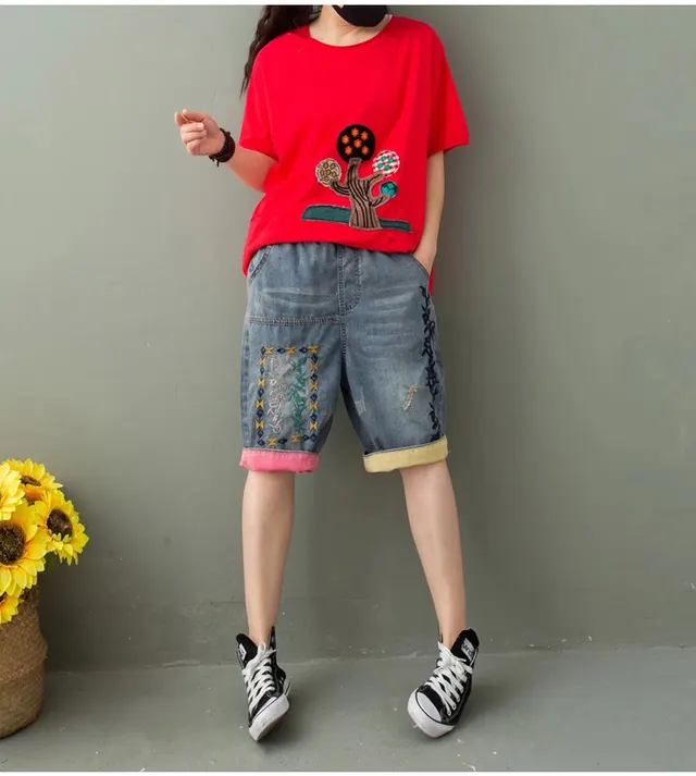 Women's Summer Ethnic Style Embroidered Denim Five point Pants Light Blue - Shop at LoveMi