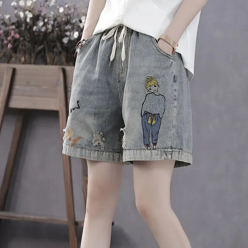 Elastic Waist Ripped Embroidered Vintage Straight Pants - Vintage Girl Embroidery