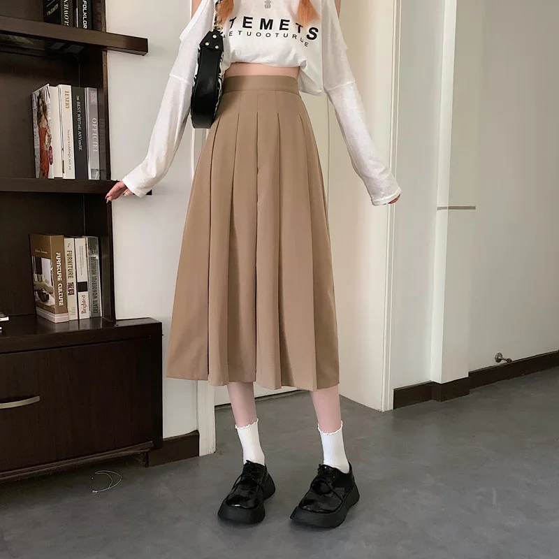 Women's Elegant High Waist Pleated Polyester Skirt - Khaki - View 1