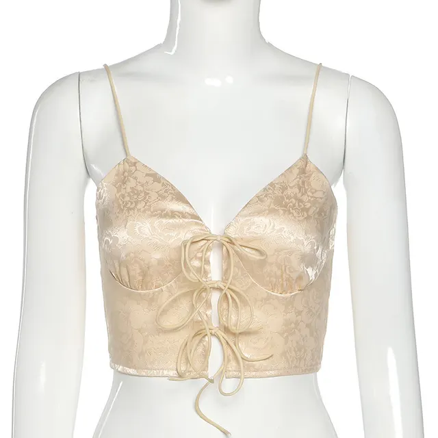 V neck Jacquard Romantic Lace up Sleeveless Casual Tank Top Apricot - Shop at LoveMi