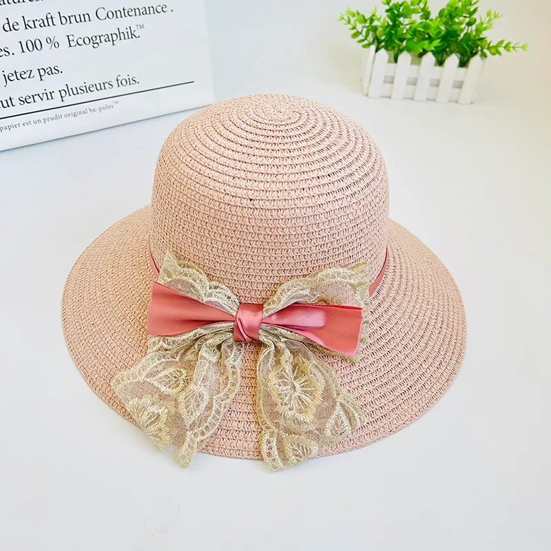 Women's Summer Outdoor Vacation Shade Bow Straw Hat - Pink - View 1
