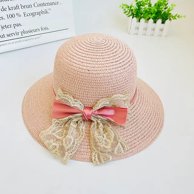 Women's Summer Outdoor Vacation Shade Bow Straw Hat Pink - Shop at LoveMi