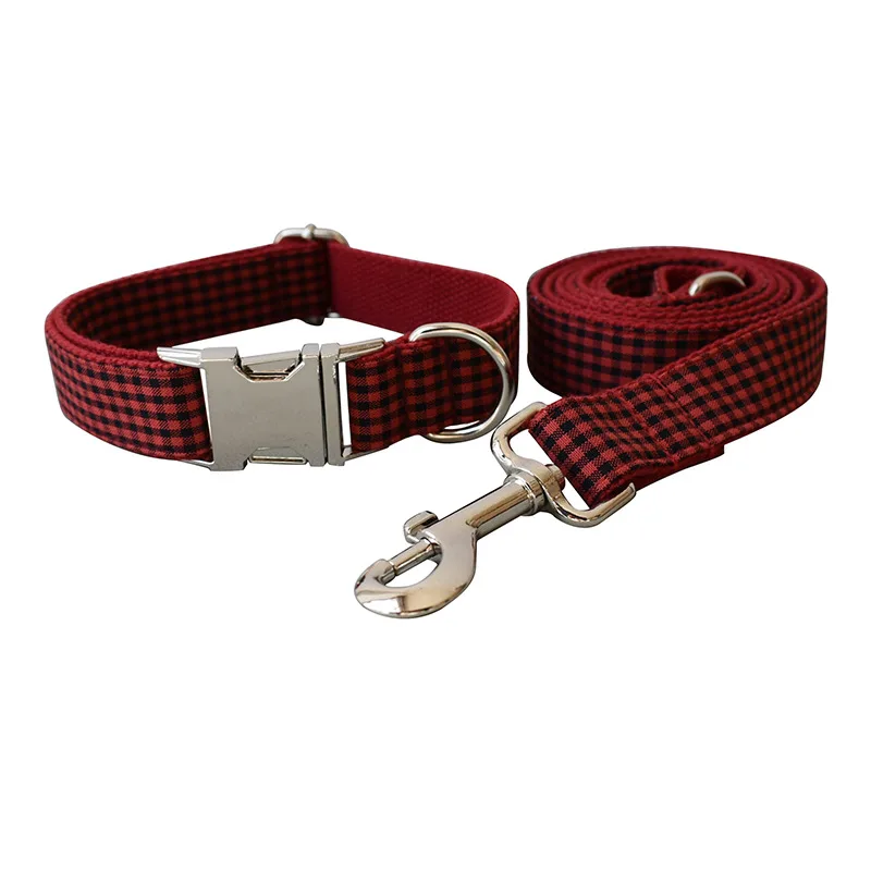 Red And Black Plaid Cotton Alloy Accessories - Dog Collar Leash Set