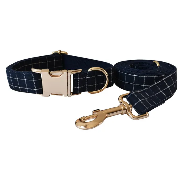 Navy Blue Plaid Gold Button Dog Collar Alloy Buckle Dog Collar Leash Set - Shop at LoveMi