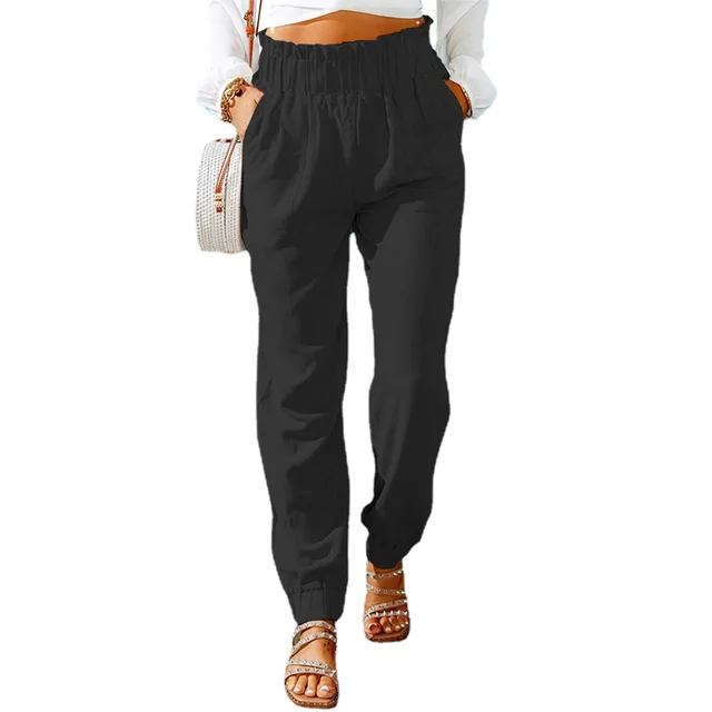 New Casual Pants European And American Ruffled Elastic Belt High Waist Trousers Black - Shop at LoveMi