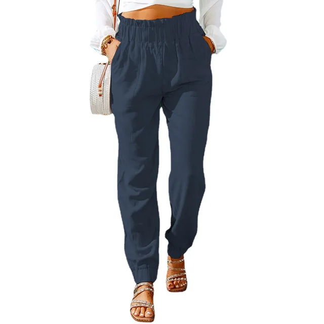 New Casual Pants European And American Ruffled Elastic Belt High Waist Trousers Dark Blue - Shop at LoveMi