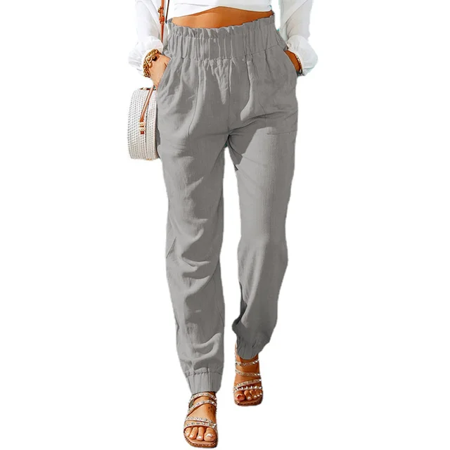 New Casual Pants European And American Ruffled Elastic Belt High Waist Trousers Grey - Shop at LoveMi